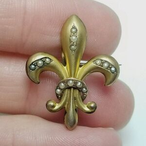 Vintage Fleur De Lis Shape Brooch with Hook Seed Pearl Gold Tone C Clasp Antique